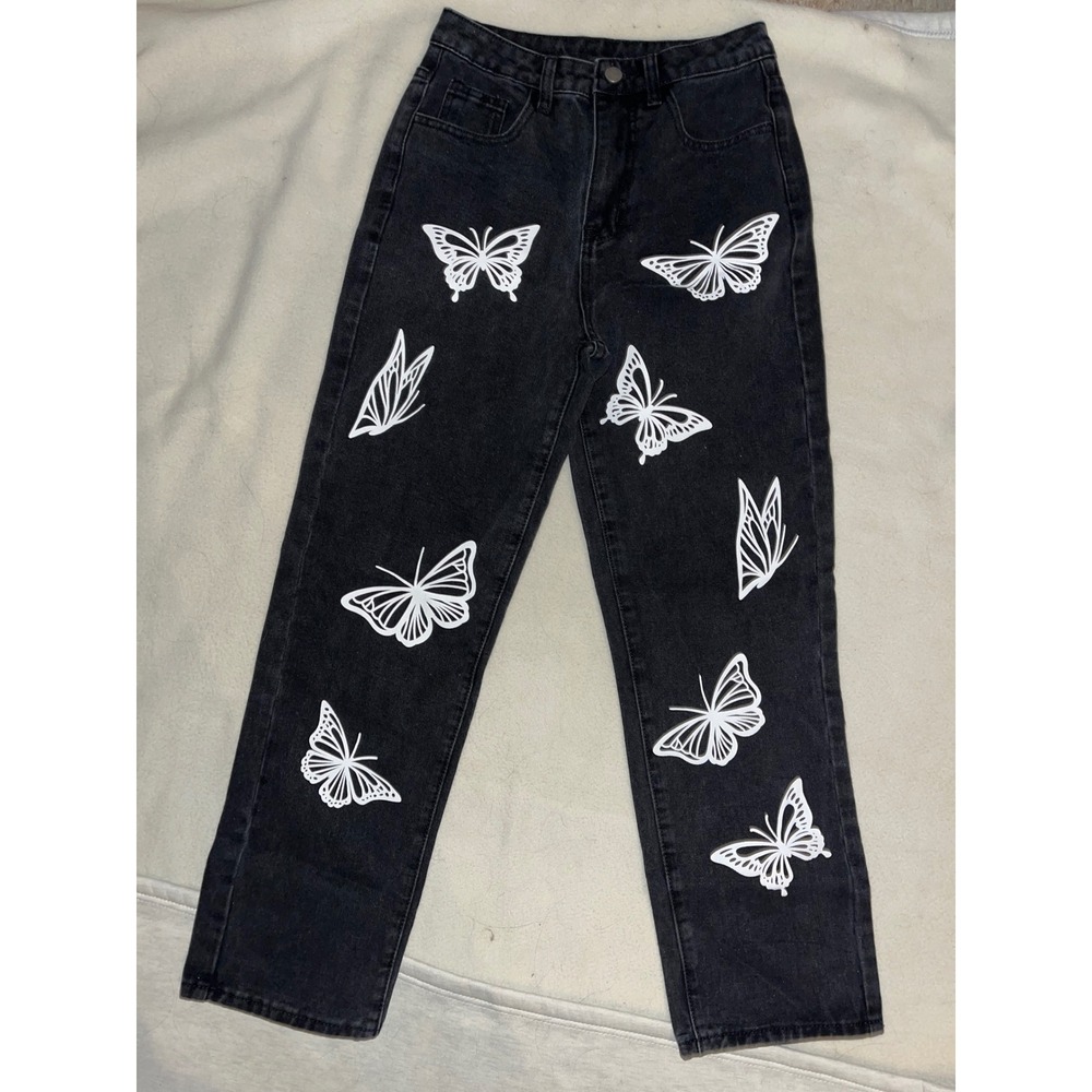 SHEIN Butterfly Graphic Print High Waisted Straight Leg Jeans Black XS‎ 2